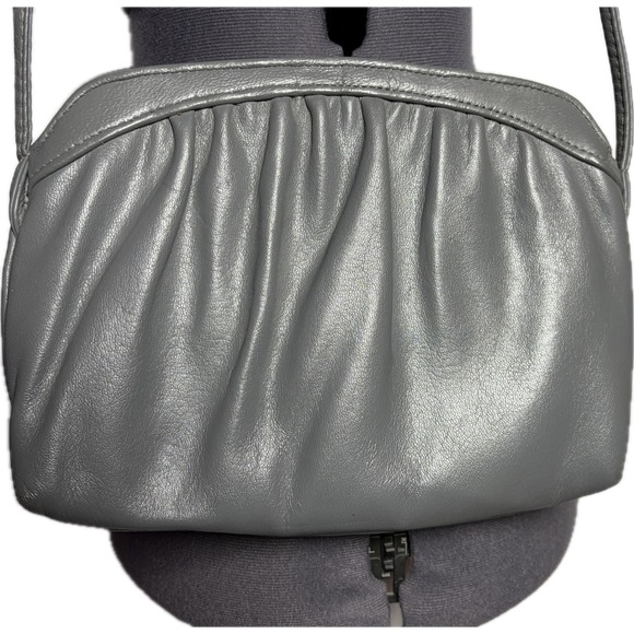 Anderson Lilley Handbags - Vtg 80s‎ Gray Crossbody Bag Gold Hand Zipper Pull Gathered Retro Small